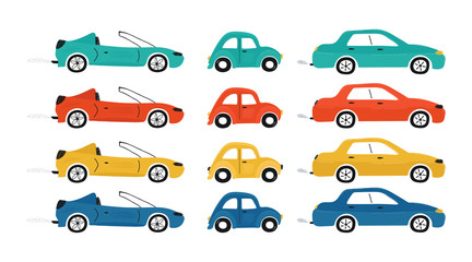 Collection of cute baby's cars isolated on a white background. Icons in hand drawn style for design of children's rooms, clothing, textiles. Vector illustration - 326095872