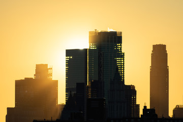 Sunset with Skyscrapers in the Lower Manhattan Skyline in New York City