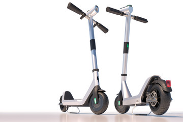 Modern electric scooters isolated on white background. Eco sharing transport. 3d rendering.