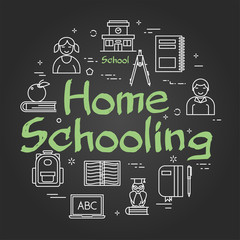 Fototapeta na wymiar Vector line black round concept of home schooling