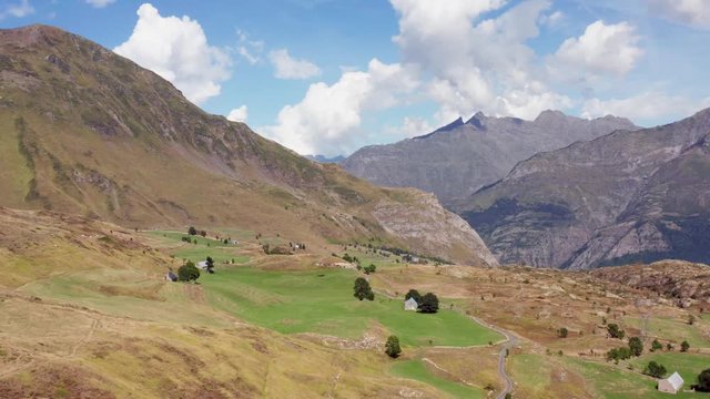 Rising drone flight above Saugue plateau area between Gedre and Gavarnie. Pyrenees, France.  