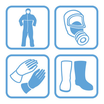 Protective equipment, collection of square blue signs. Symbols of a protective suit, protective gloves, boots, gas mask with a replaceable filter element. Vector illustration.