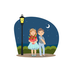 Happy Boy and Girl Walking in the Park at Night Under the Moon, Friendship and Love Between Kids, Happy Valentine Day Vector illustration