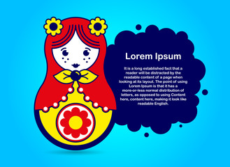 Web banner with cartoon Russian souvenir, doll grandmother, Matryoshka. Template with place for your text, copy space. Vector illustration