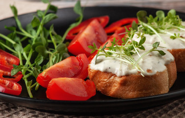 Bruschetta with cheese, salmon and micro-greens on a dish