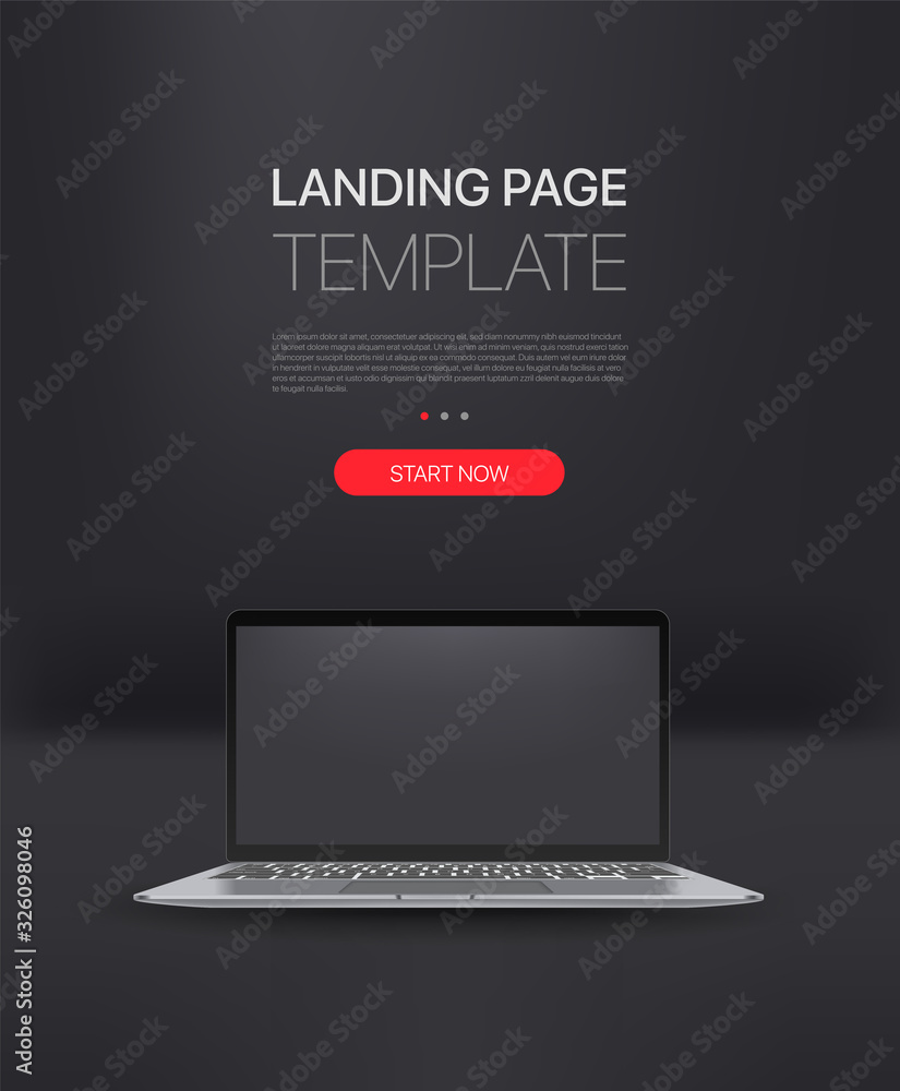 Poster Promo landing page template with modern laptop. Template with sample text and button
