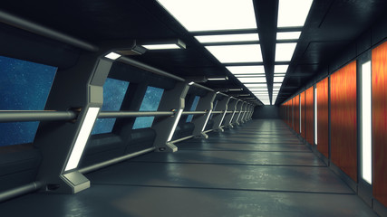 3d render. Futuristic spaceship scifi corridor architecture