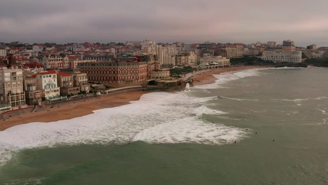 Drone flight over the sea, away from the beachfront of Biarritz, France.