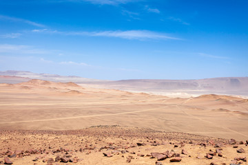 Fototapeta na wymiar View of the Paracas Desert, Peru, blue sky, no people.