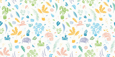 Hygge lifestyle pastel plant pattern with modern floral and shape in pastel tones. Happy cozy tropical plant pattern. Surface pattern design.