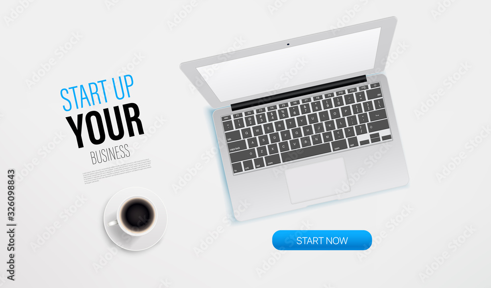 Poster Start up your business promo landing page template with laptop and sample text. Top view vector layout