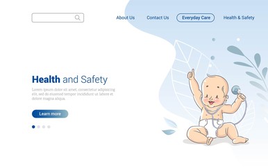 Baby Health Concept. Healthcare and Medical Web Page Design Template with Baby and Stethoscope in His Hand. Vector illustration