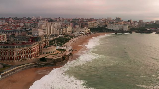 View of the beaches and beachfront of the seaside town of Biarritz, France. High angle drone shot.