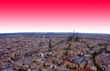 Paris city with abstract red sky as sunset. France