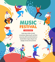 Summer fest, concept of live music festival, jazz and rock, food street fair, family fair, event poster and banner. People dance and play music. Vector design and illustration © Marina Zlochin