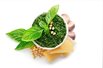 Pesto sauce isolated on white background with ingredients for cooking pesto sauce. Set of products...