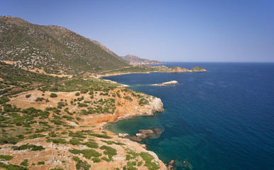Fototapeta premium Aerial view on coast and sea near Kalo Horafi or Vossako beach on Crete, Greece.