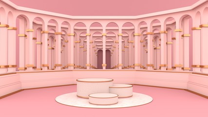Round marble podium, golden border and pink floor, and pink walls with circular arches.The golden frame can be used for commercial advertising Isolated on pink background, illustration,3D rendering.