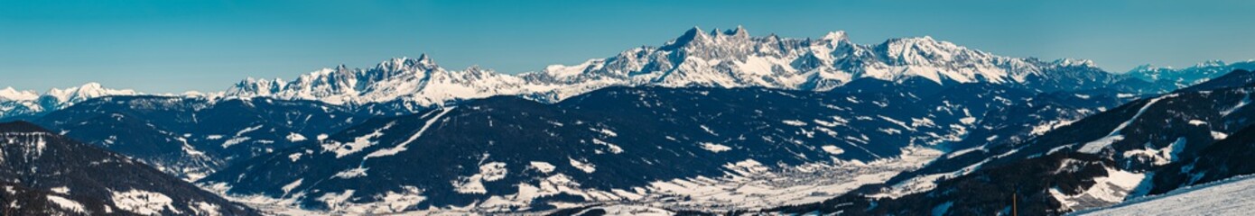 High resolution stitched panorama of a beautiful alpine winter wonderland at Flachau, Salzburg,...