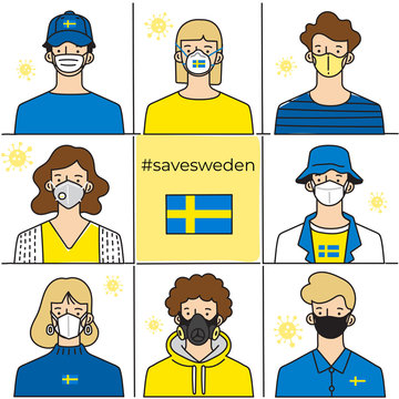 Set of men and women wearing medical mask preventing air pollution and virus with national flag : Vector Illustration