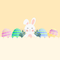 This is flat happy Easter Day background. Cute card with Easter eggs and bunny on yellow background.
