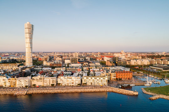 Scenic view of modern skyline in malmo city against clear sky