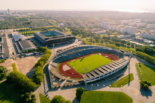 Aerial view of stadium in malmo city against sky on sunny day