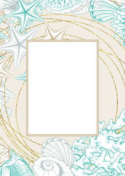 Vertical Frame with Gold Seashells. Isolated vector poster with contour drawing sea shells for wedding design and thank you cards templates.