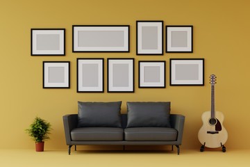 group of picture frame on the wall with sofa and furniture in modern yellow living room. 3d render.