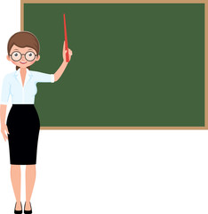 Cartoon character vector woman teacher with school pointer standing at the blackboard