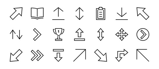 Set of line arrows, directions, arrows, contains icons such as pause, continuation, directly, to the right, Editable stroke. 480x480, On a white background, Vector illustration