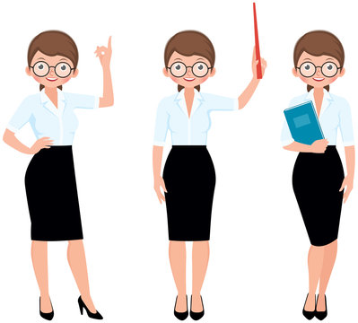 Set of cartoon woman teacher in different poses Stock vector Illustration