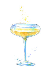 Glass of a champagne.Picture of a alcoholic drink.Watercolor hand drawn illustration.	