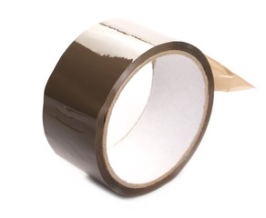 Brown cardboard duct, repair tape roll isolated on white  