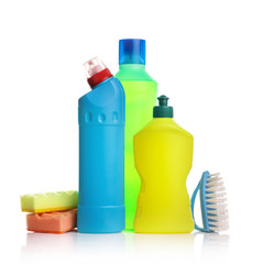 Cleaning products isolated on white background