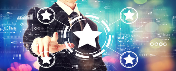 Rating star concept with a businessman on a shiny background