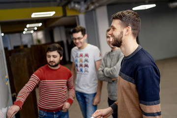 Business team work process. Photo professional crew working with new startup project. Project managers meeting. Analyze business plans laptop. Blurred background, film effect, bokeh. Horizontal