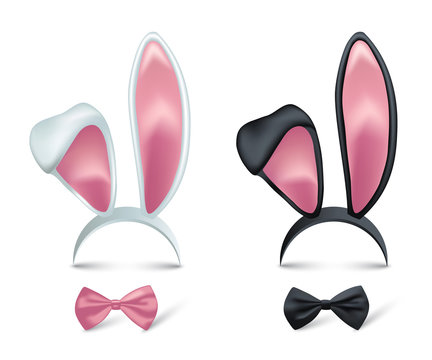 Rabbit ears and bows realistic 3d vector illustrations set. Easter bunny kid headband, mask collection. Hare costume pink cartoon element. Photo editor, booth, video chat app color isolated cliparts.