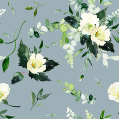 Fototapeta na wymiar Seamless summer pattern with watercolor flowers handmade.