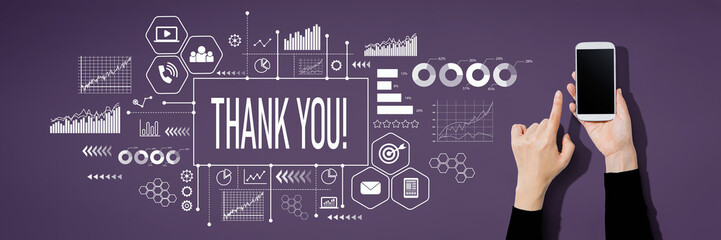 Thank you message with person using a white smartphone