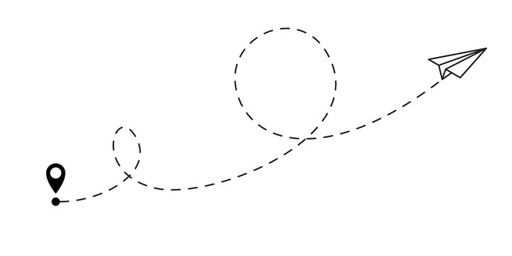 Airplane flight route destination line path. Paper plane travel dash line vector icon