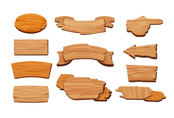 Cartoon wooden signboards. Oval board, banner with blank copy space, road direction sign. Vector illustration set for wild west or rustic style, information, message concept