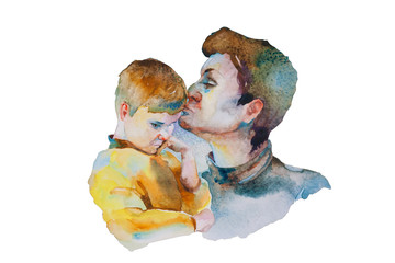 Mother kissing her sad little son to cheer him, abstract original watercolor illustration