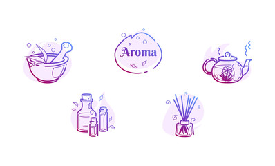 Line wellness icons set of mortar and pestle, teapot, essential fragrance, wooden sticks. Relaxation aroma concept with logo design. Alternative oriental zen. Vector logo pictogram drawing isolated