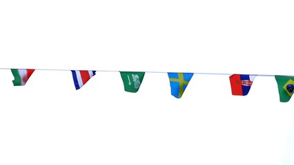 National flags of many different countries hanging on the white rope
