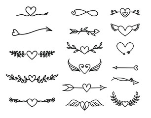 Hearts set icon. Vector illustration of handmade hearts set of design elements. Arrow 