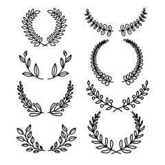 Collection of different black and white silhouette circular laurel foliate,  and olive wreaths depicting , achievement, heraldry, nobility. Vector illustration.
