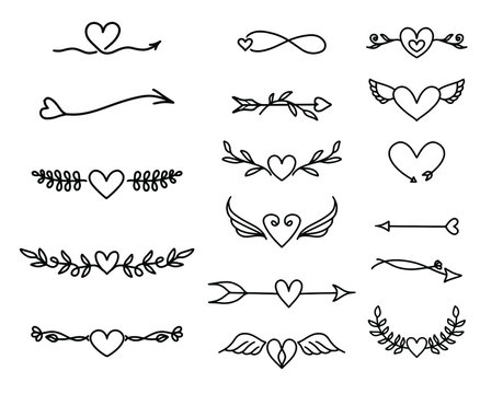 Hearts set icon. Vector illustration of handmade hearts set of design elements. Arrow 