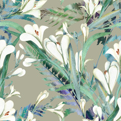 Seamless Pattern with Crocosmia Flowers.