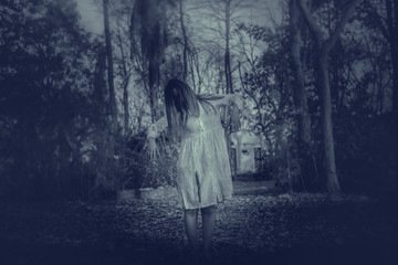 Portrait of asian woman make up ghost face with blood,Horror scene,Scary background,Halloween...